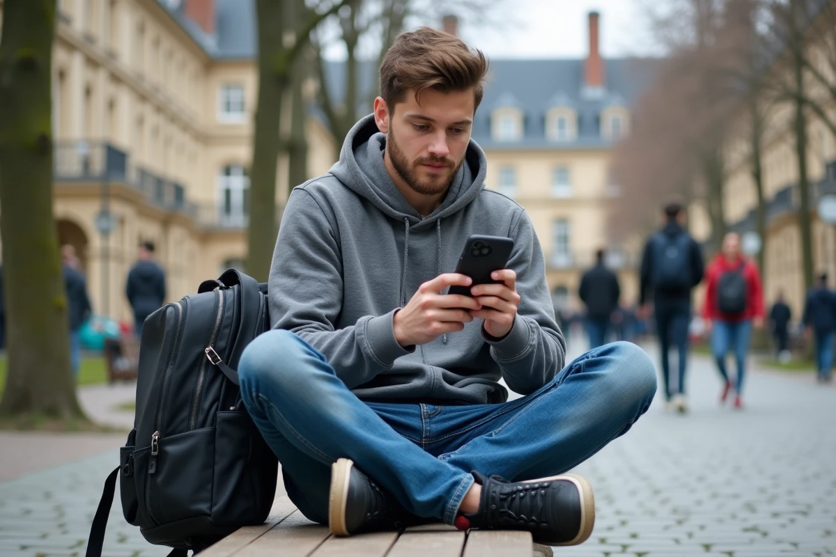 Étudiant accédant au webmail de la boîte académique de Clermont-Ferrand depuis son smartphone sur un campus universitaire en automne