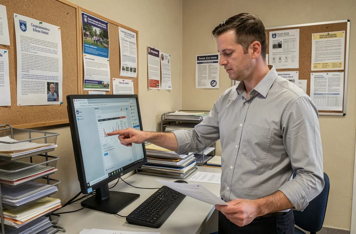 Administrateur scolaire comparant les interfaces Arena et portail métier 76 sur un ordinateur de bureau