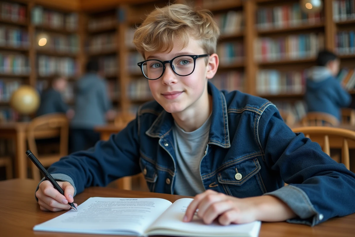 Adolescent à lunettes écrivant dans un carnet en bibliothèque, avec des exercices d'écriture imprimés posés à côté, dans une atmosphère studieuse