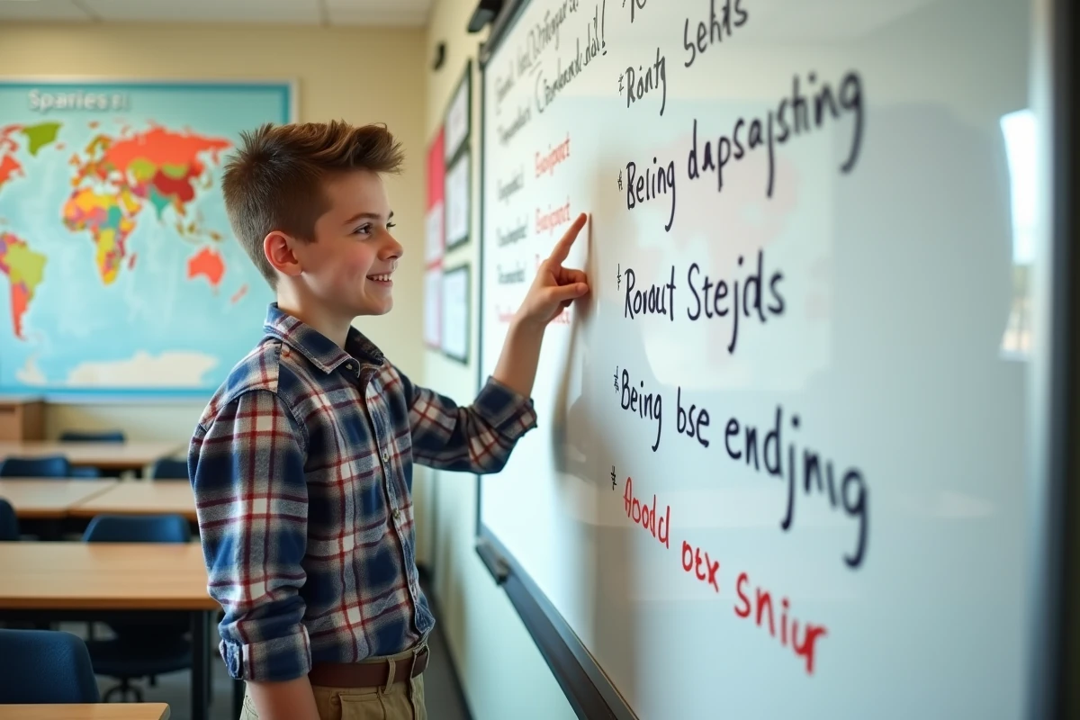 Adolescent pointant un verbe espagnol sur le tableau
