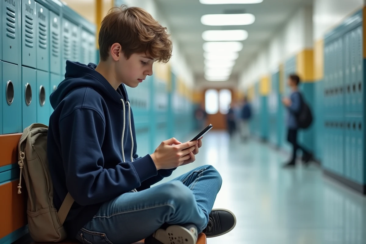 Adolescent consultant l'application Educ de Normandie sur iPhone dans un couloir scolaire