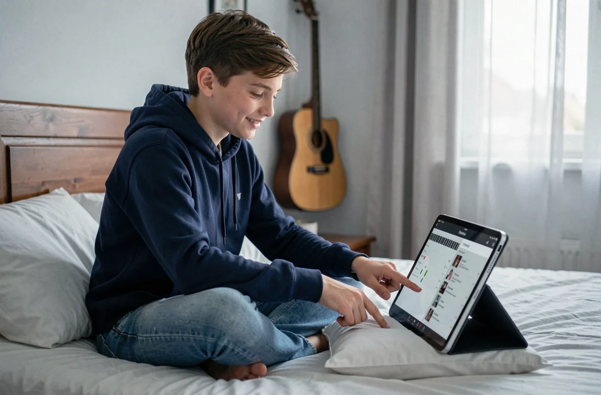 Adolescent apprenant à composer ses premières mélodies sur une application de piano en ligne via une tablette dans sa chambre