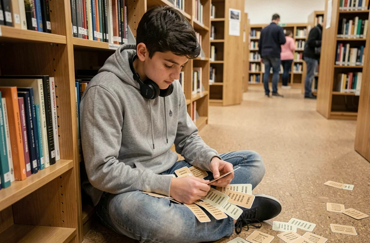 Adolescent révisant des fiches de conjugaison de l'imparfait espagnol assis dans une bibliothèque
