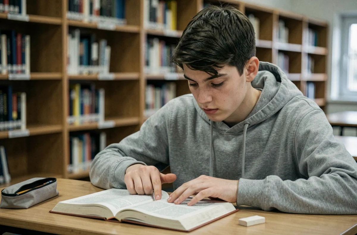 Adolescent étudiant la conjugaison des verbes irréguliers en ir dans un manuel de grammaire française à la bibliothèque scolaire