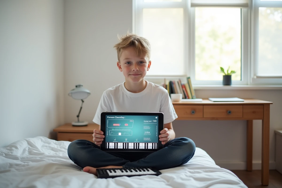 Adolescent apprenant le piano sur tablette avec un mini clavier MIDI posé sur son lit, utilisant une application mobile gamifiée