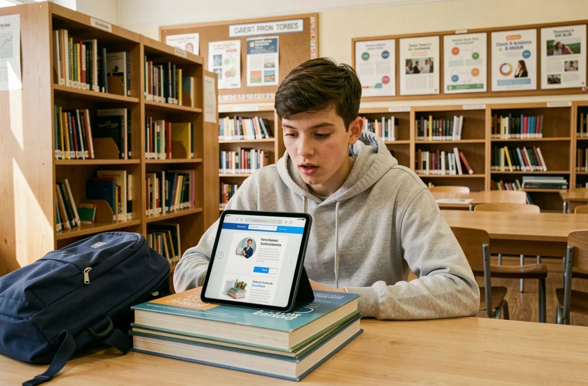 Adolescent consultant les résultats d'un test d'orientation Onisep sur une tablette dans une bibliothèque scolaire
