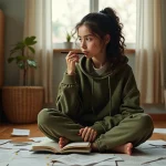 Adolescente assise sur le sol de sa chambre entourée de feuilles manuscrites, tenant un stylo près de son visage, plongée dans un exercice d'écriture créative