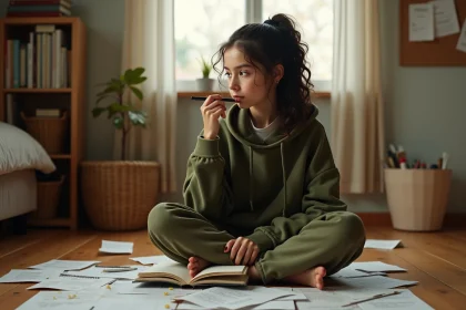 Adolescente assise sur le sol de sa chambre entourée de feuilles manuscrites, tenant un stylo près de son visage, plongée dans un exercice d'écriture créative