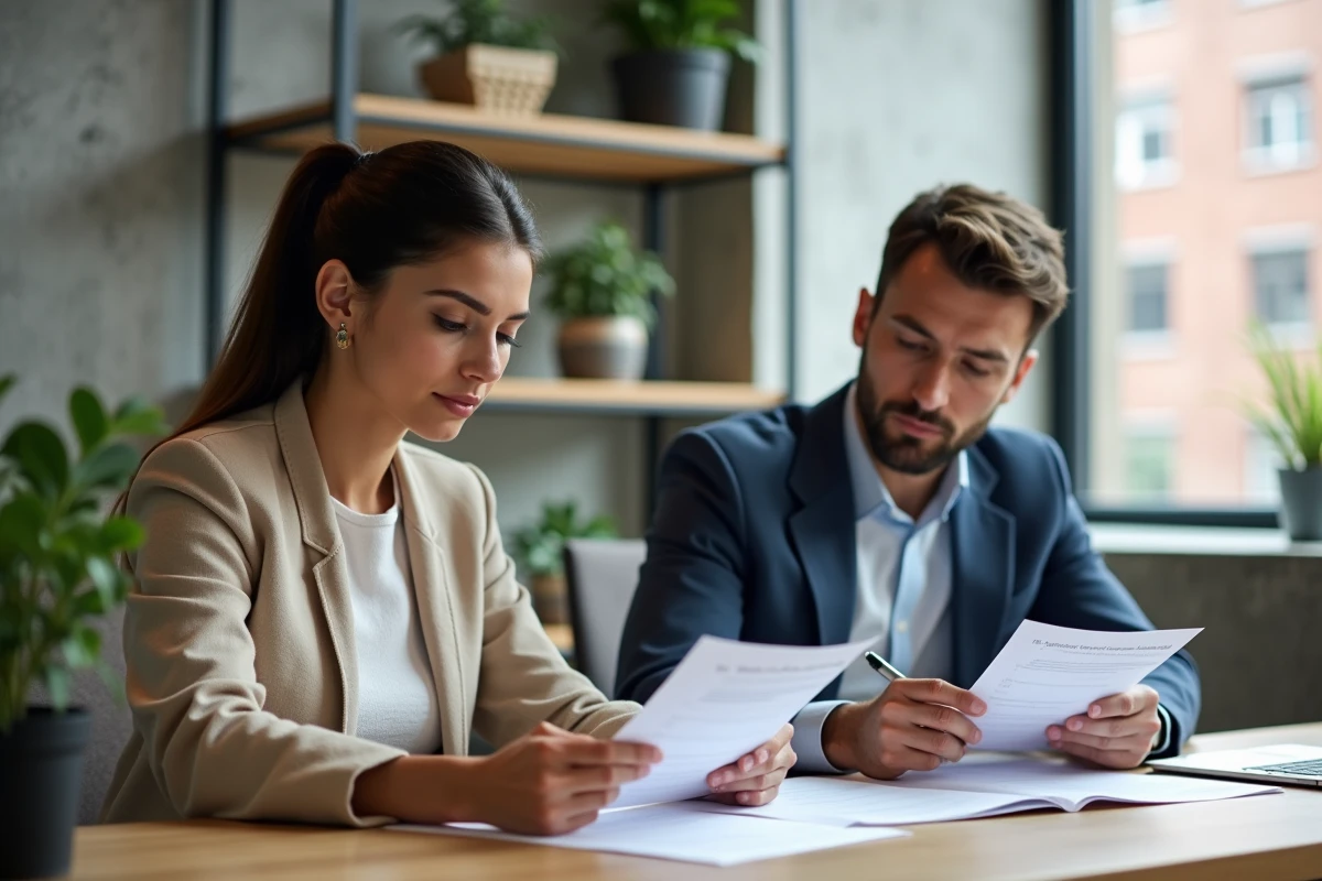 Deux adultes en train d'analyser des questions de test de QI dans un espace de coworking moderne