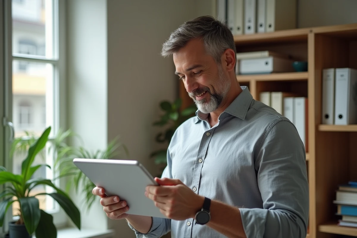 Agent administratif de l'académie de Grenoble consultant le portail PIA sur une tablette dans son bureau individuel
