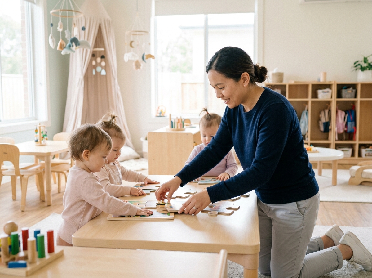 Femme en reconversion professionnelle animant une activité avec des tout-petits dans une salle de crèche colorée