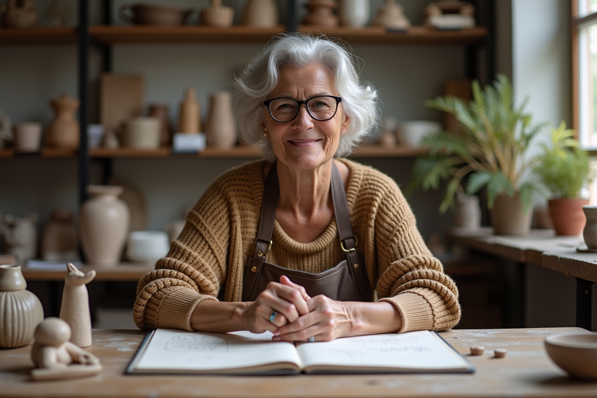 Femme d'âge moyen façonnant de l'argile dans son atelier