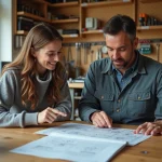 Homme et jeune femme étudient un schéma dans un atelier lumineux