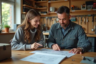 Homme et jeune femme étudient un schéma dans un atelier lumineux