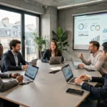 Groupe de professionnels participant à un atelier numérique lors d'une conférence digitale à Paris, autour d'une table moderne avec vue sur les toits parisiens