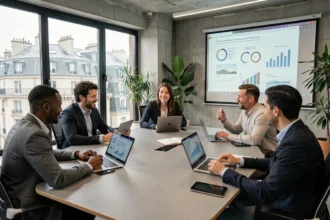 Groupe de professionnels participant à un atelier numérique lors d'une conférence digitale à Paris, autour d'une table moderne avec vue sur les toits parisiens
