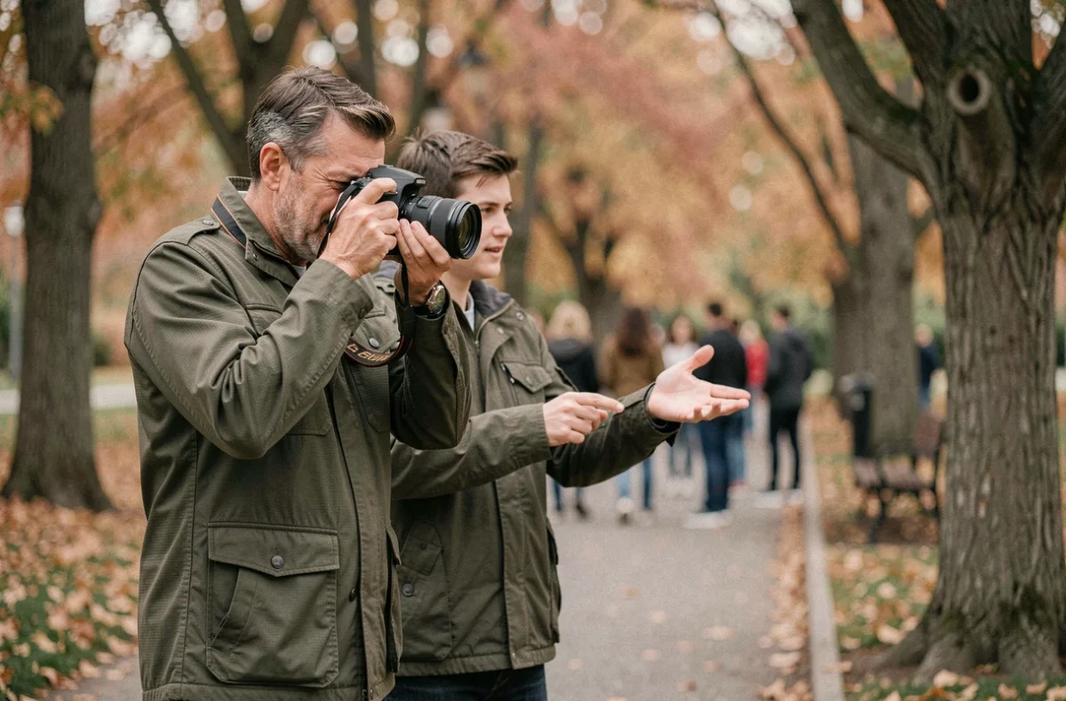 Homme participant à un atelier de photographie en plein air dans un parc en automne, apprenant à régler le mode manuel de son reflex avec un instructeur