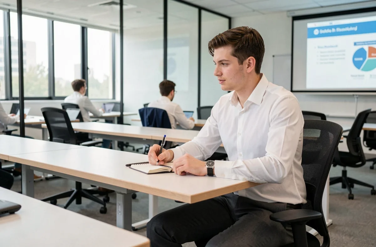 Étudiant en cours dans les locaux modernes d'Athena Business School à Paris