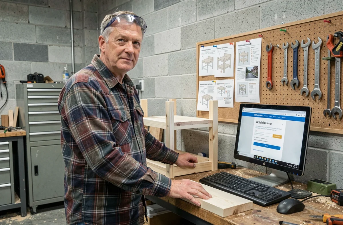Bricoleur expérimenté consultant les tutoriels LeLabDuBricoleur dans son atelier garage avec projet en bois en cours