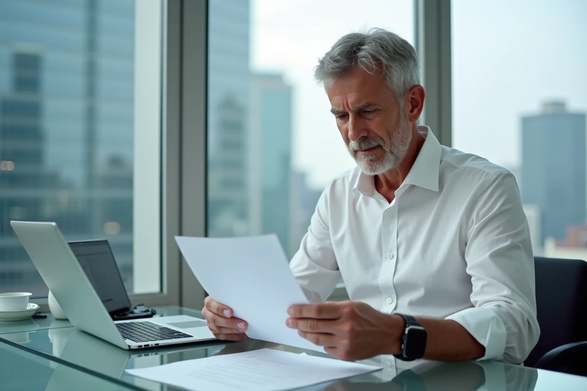 Cadre masculin relisant une lettre de recommandation professionnelle dans un bureau moderne