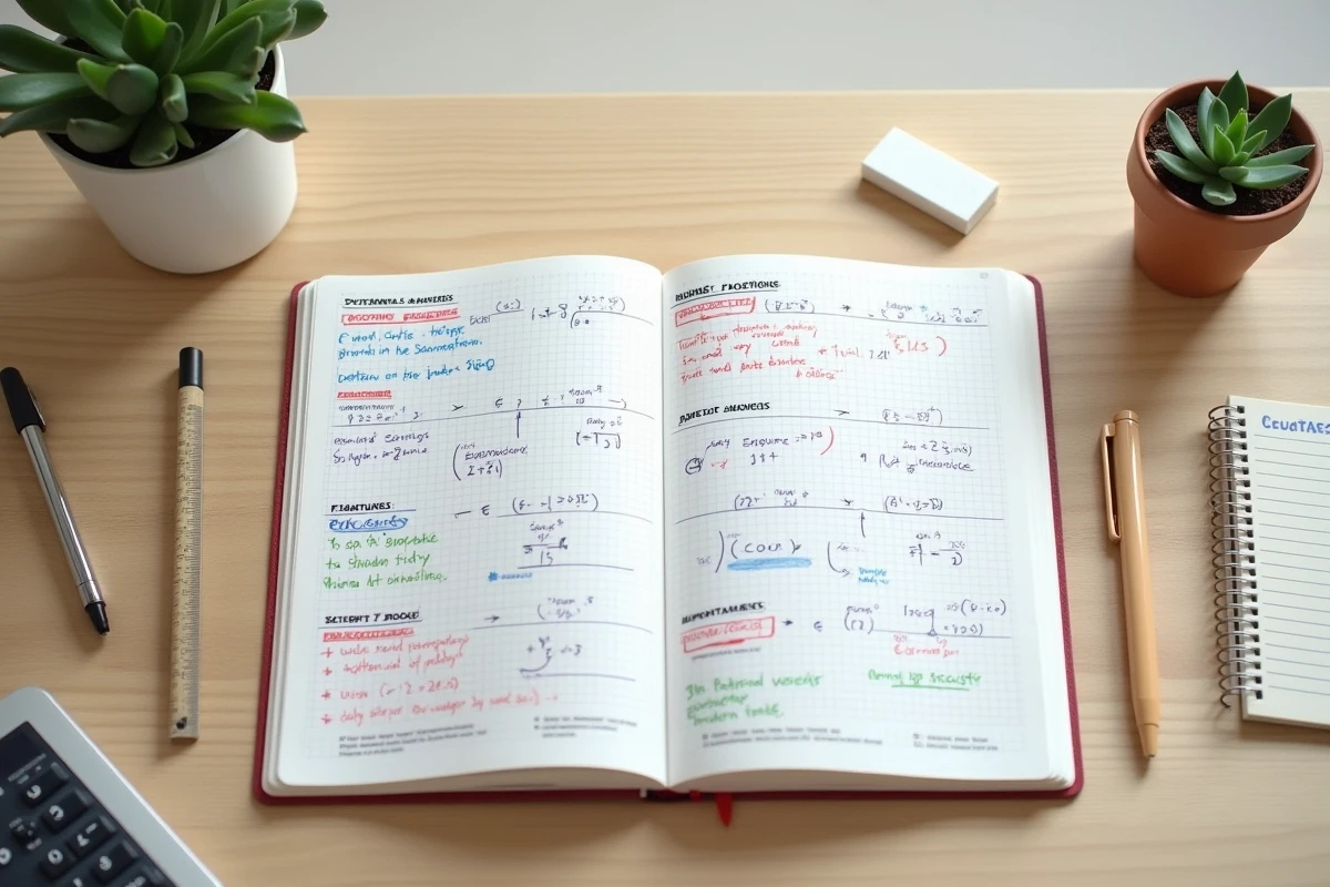 Cahier de prépa scientifique ouvert avec équations mathématiques et diagrammes de physique annotés en couleurs sur un bureau en bois
