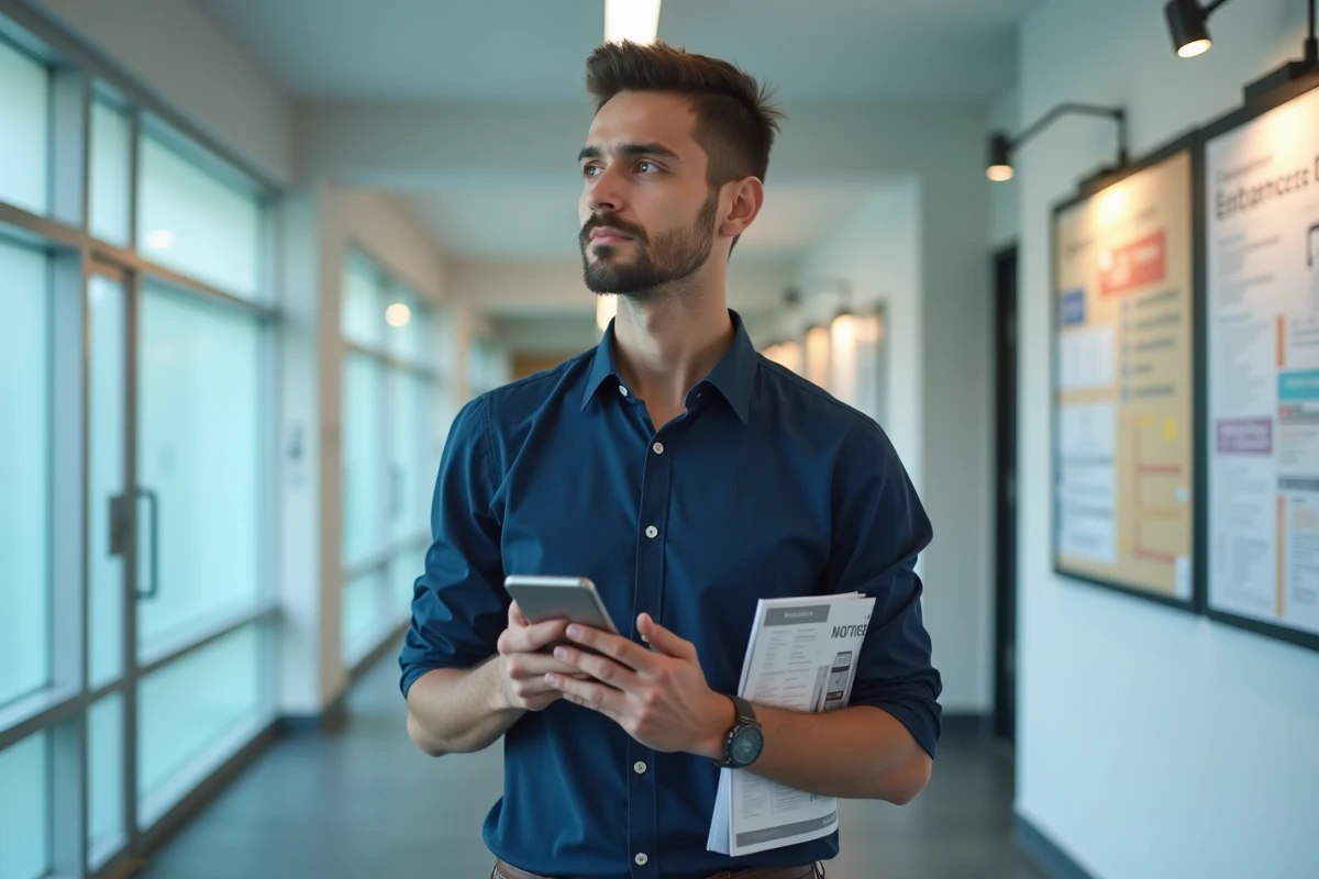 Jeune candidat aux concours d'accès à Centrale Marseille consultant l'ENT sur son smartphone dans un couloir d'établissement d'enseignement supérieur