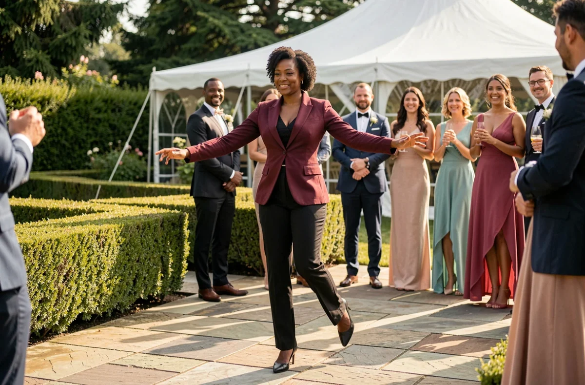 Chorégraphe professionnelle enseignant les pas du kuduro à des invités de mariage dans un jardin