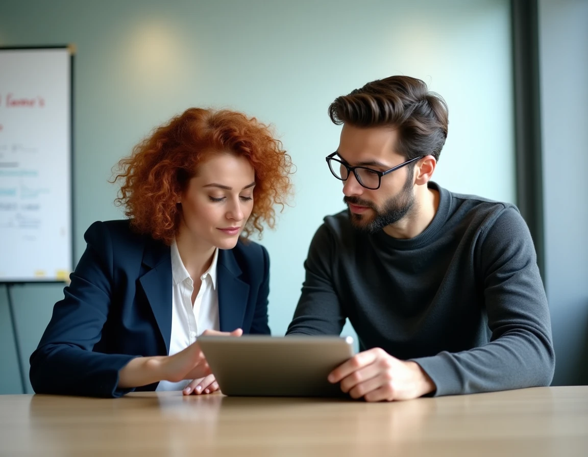 Deux professionnels collaborant sur un projet de formation à distance autour d'une tablette en salle de réunion