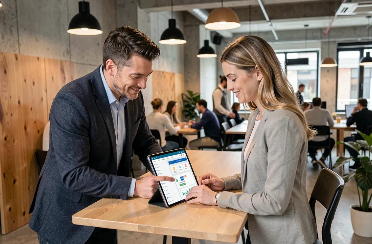 Deux collègues collaborant sur les fonctionnalités de gain de temps d'UBS ENT via tablette dans un espace de coworking moderne