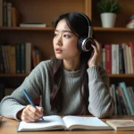 Jeune femme concentrée avec un casque audio rédigeant des notes lors d'un exercice de compréhension orale en anglais