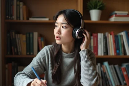 Jeune femme concentrée avec un casque audio rédigeant des notes lors d'un exercice de compréhension orale en anglais