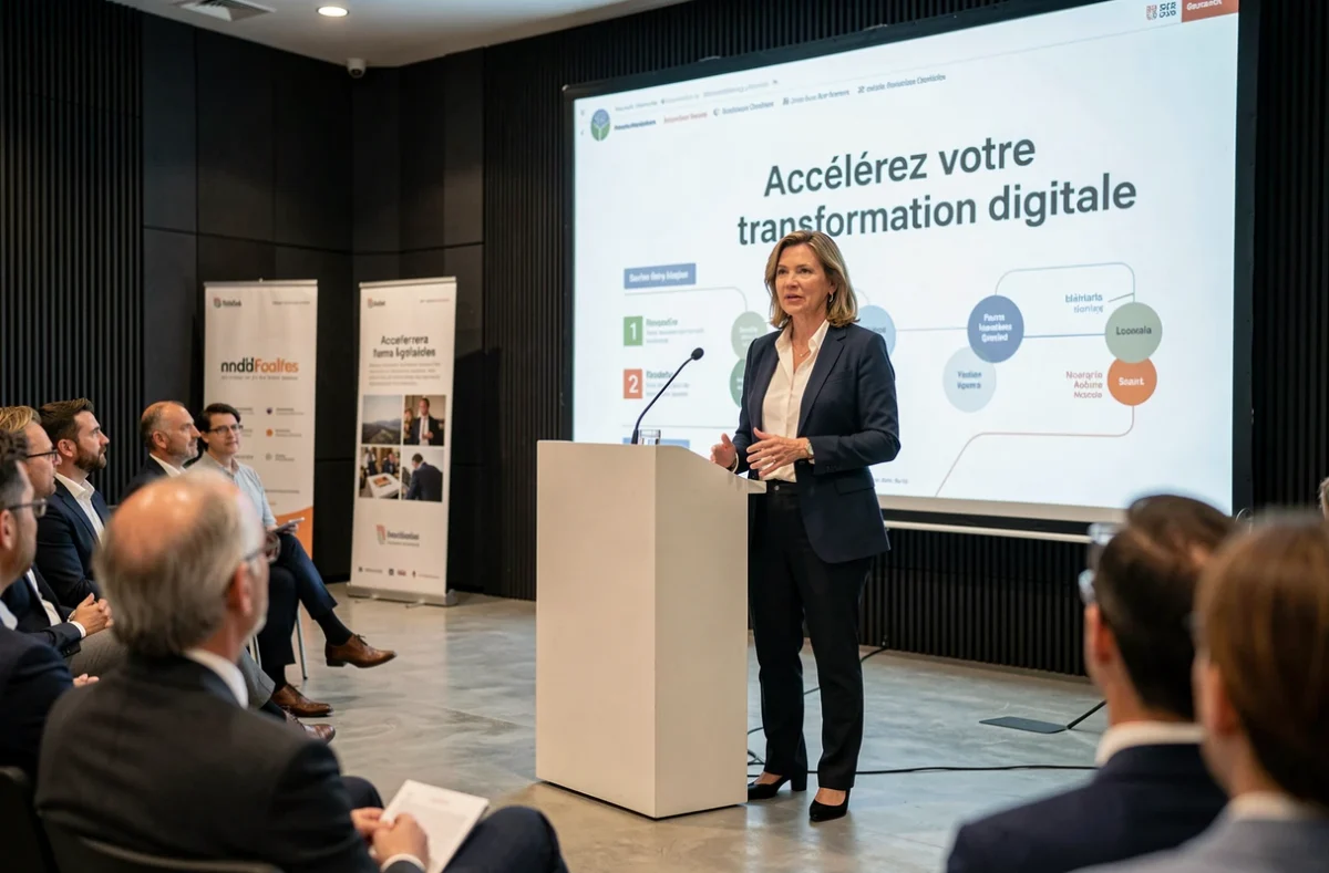 Conférencière présentant une keynote sur la transformation digitale lors d'un événement ClubFormationDigital.fr dans une salle moderne à Paris