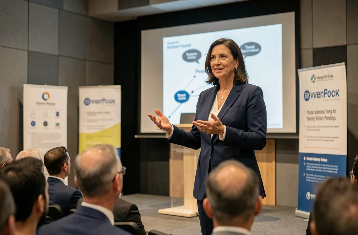 Femme conférencière présentant une stratégie digitale sur scène lors d'une conférence numérique professionnelle à Paris