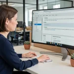 Femme de bureau configurant le logiciel CAP RLA sur un ordinateur ultrawide dans un espace de travail moderne