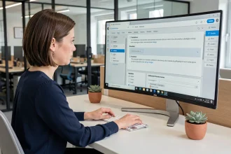 Femme de bureau configurant le logiciel CAP RLA sur un ordinateur ultrawide dans un espace de travail moderne