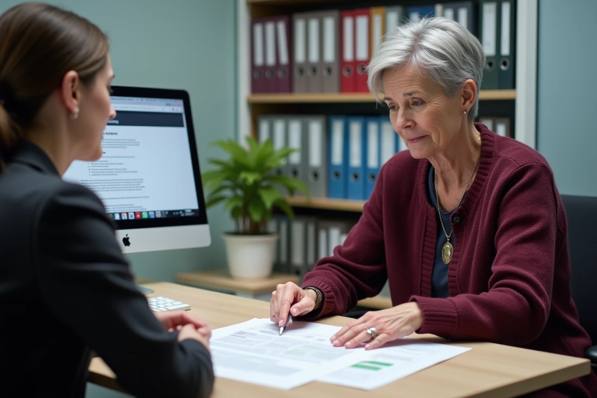 Conseillère Pôle Emploi en entretien d'orientation avec un adulte, explication d'une fiche métier pour un projet de reconversion