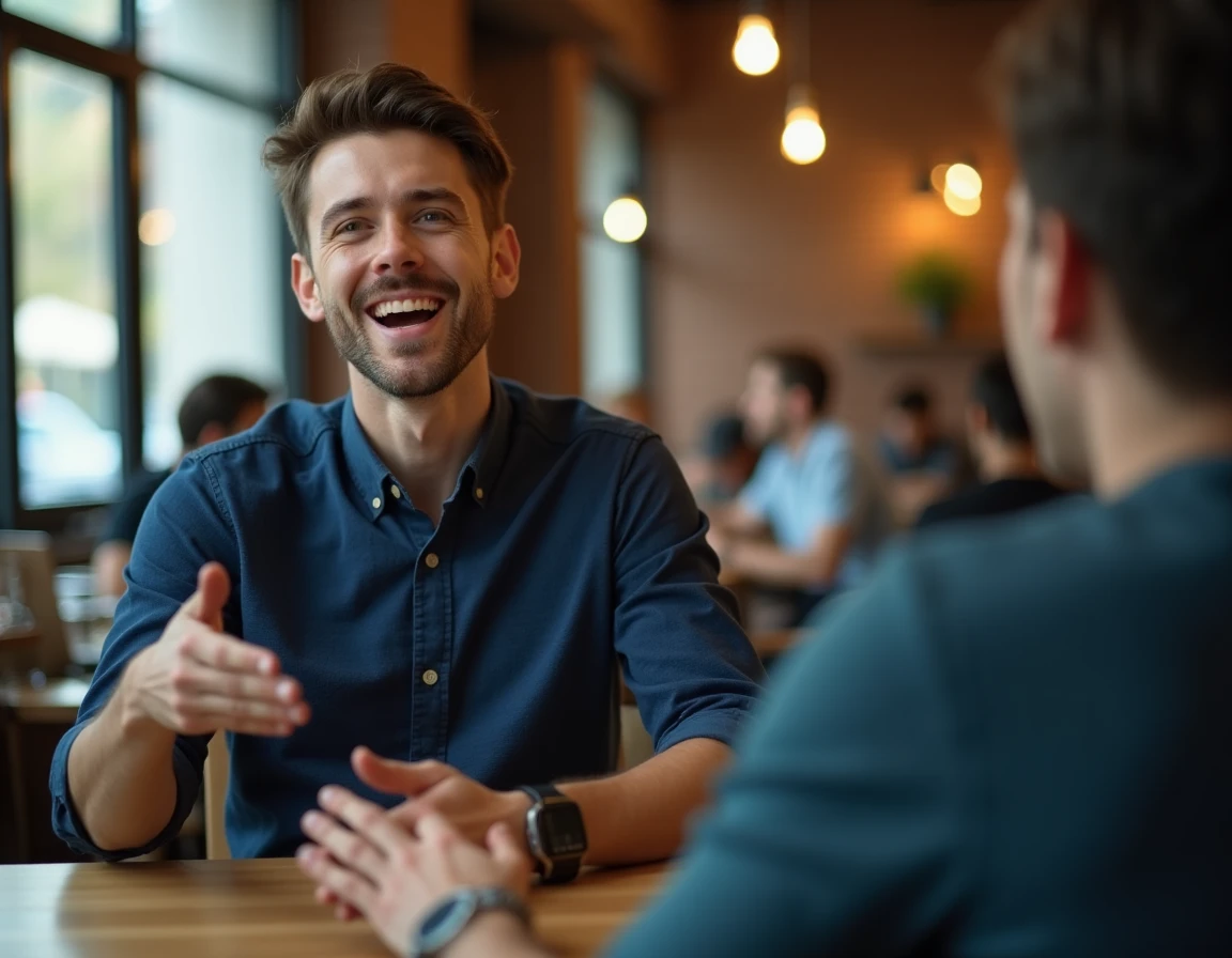 Étudiant pratiquant une conversation orale en anglais dans un café avec un interlocuteur, exercice de communication spontanée