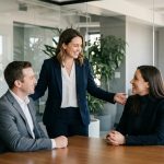Deux collègues introduisant un candidat lors d'un entretien de recrutement par cooptation dans un bureau moderne