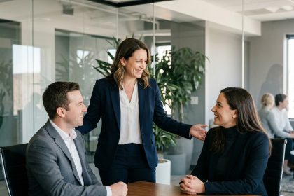 Deux collègues introduisant un candidat lors d'un entretien de recrutement par cooptation dans un bureau moderne
