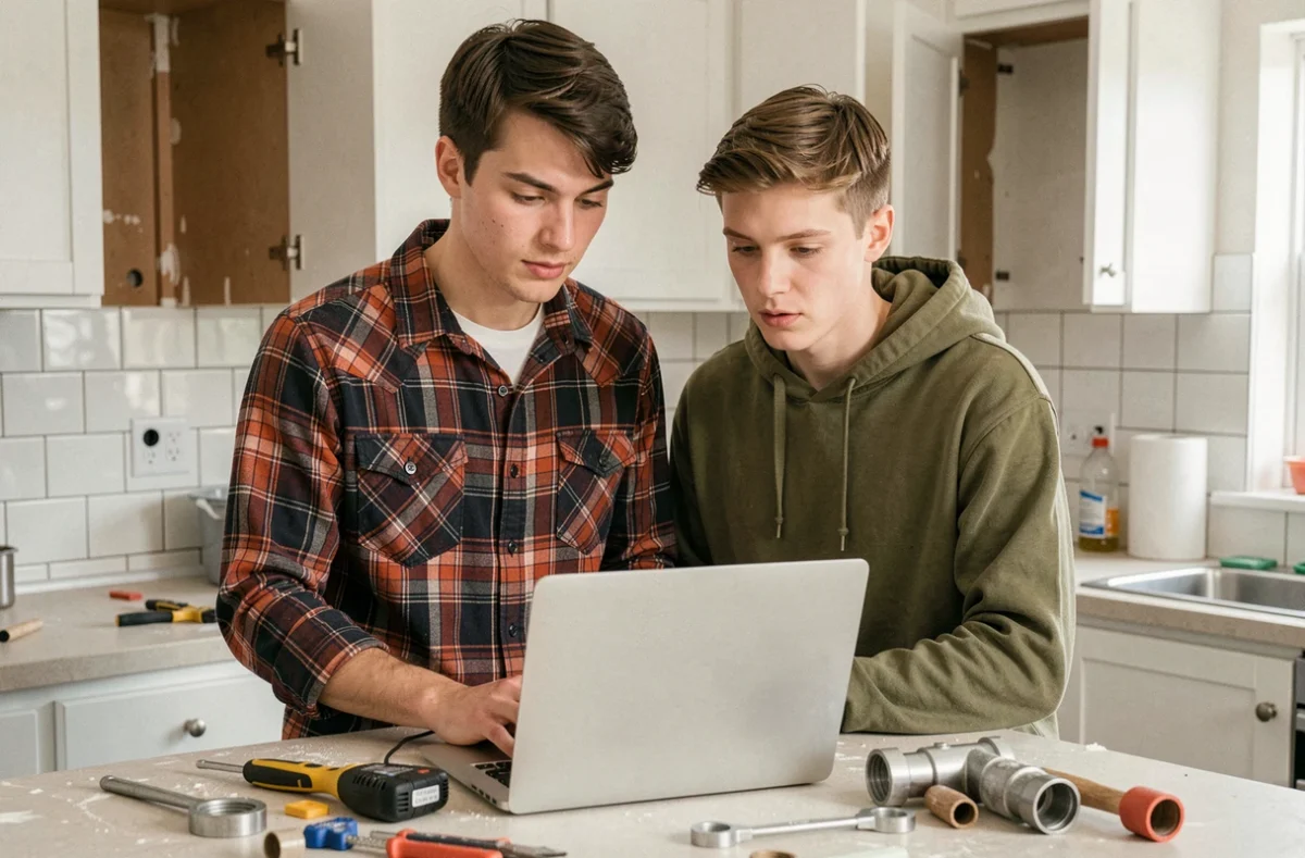 Un jeune couple regarde ensemble un cours de bricolage en ligne sur ordinateur portable dans une cuisine en travaux