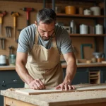 Homme en tablier de bricolage mesurant une planche en bois dans un atelier DIY bien organisé