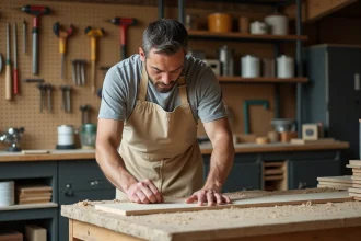 Homme en tablier de bricolage mesurant une planche en bois dans un atelier DIY bien organisé