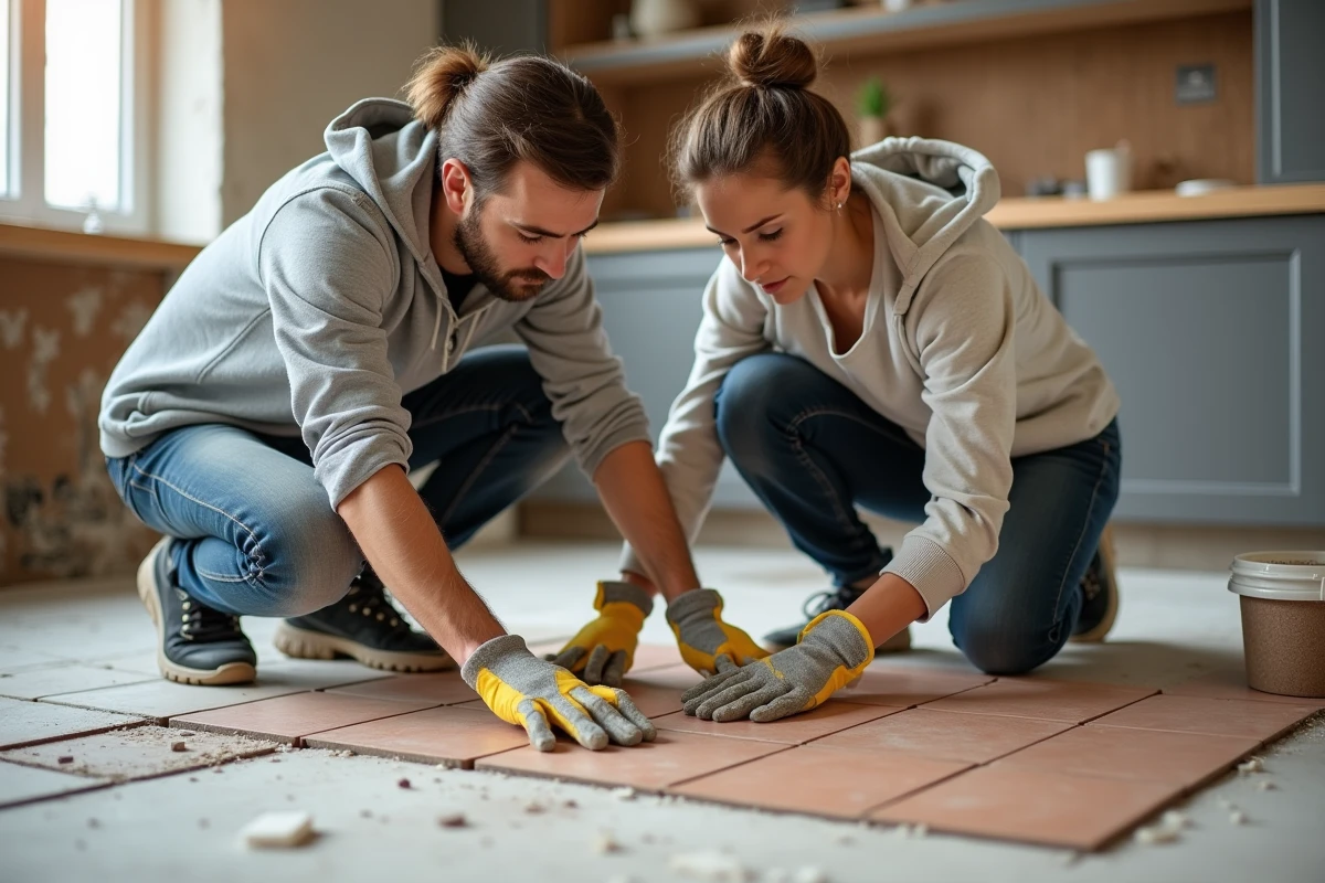 Deux participants à un cours de carrelage posant des carreaux céramique sur un sol de cuisine en rénovation