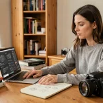 Femme apprenant la photographie en mode manuel sur un ordinateur portable avec des notes manuscrites et un appareil photo reflex posé sur un bureau en bois