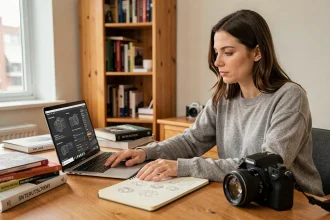 Femme apprenant la photographie en mode manuel sur un ordinateur portable avec des notes manuscrites et un appareil photo reflex posé sur un bureau en bois