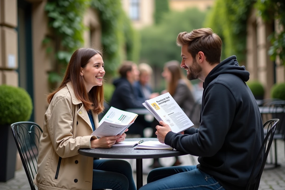 Deux étudiants débattant du classement des écoles de commerce autour d'un guide imprimé en terrasse de campus