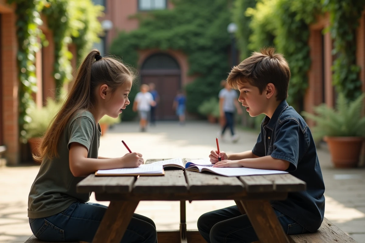Deux adolescents assis dehors dans une cour d'école, écrivant dans leurs carnets à partir d'exercices d'écriture imprimés, échangeant leurs idées avec enthousiasme