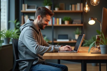 Développeur homme en hoodie au bureau moderne