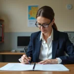 Directrice d'école française consultant des documents officiels avec le code UAI dans un bureau administratif scolaire