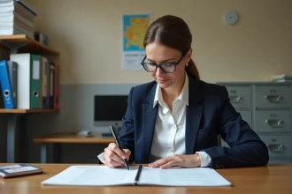 Directrice d'école française consultant des documents officiels avec le code UAI dans un bureau administratif scolaire